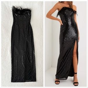 NWOT Lulus Total Head-Turner Black Sequin Feather Strapless Maxi Dress Small